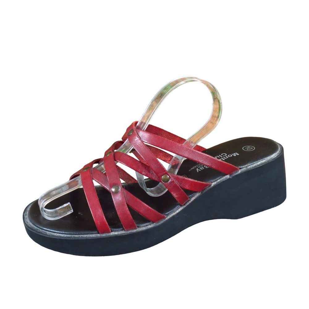 Montego Bay Club Leather Collection Women Strappy Wedge Sandals 10 Red Platform